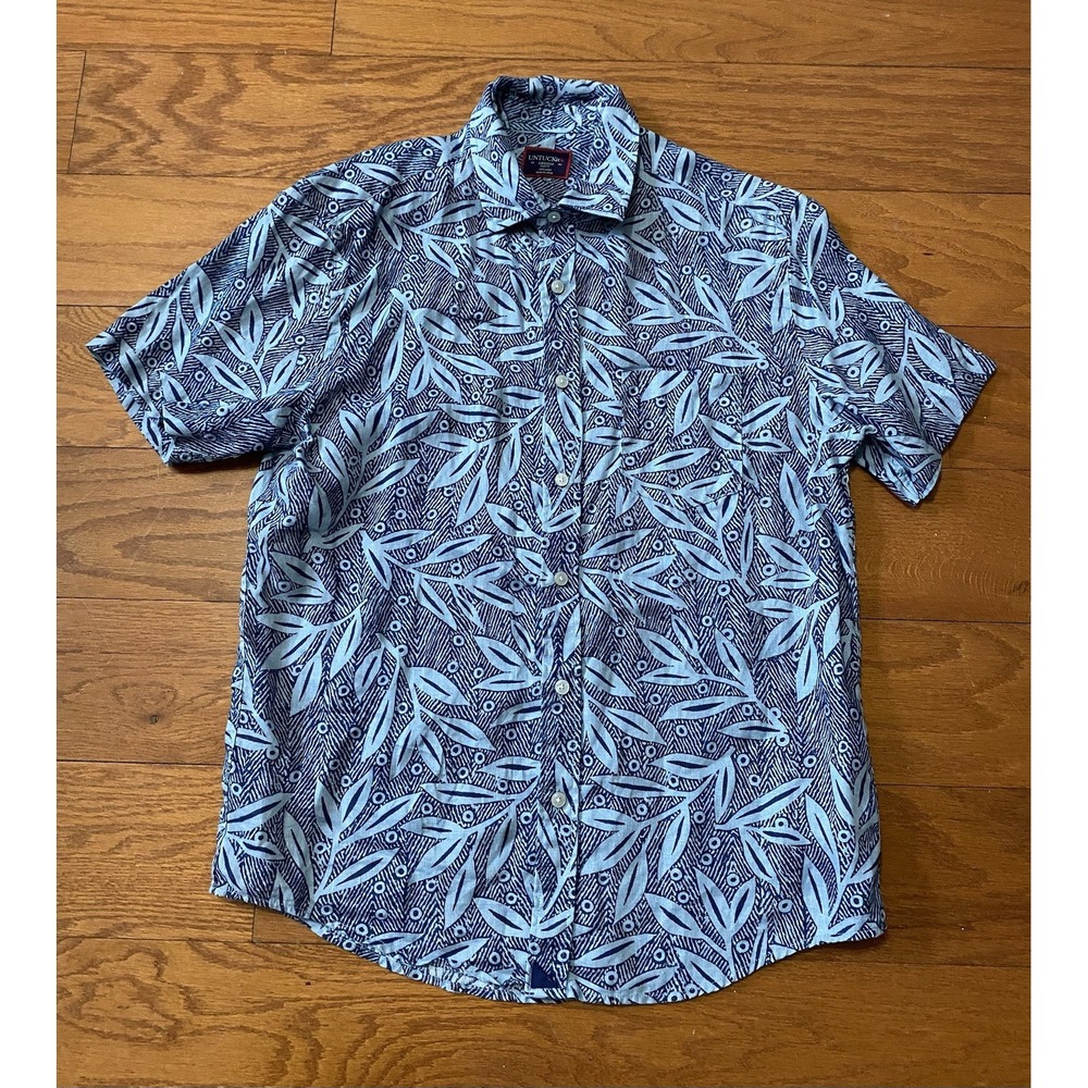 UNTUCKit 100% Linen Shirt Blue Green‎ Floral Short Sleeve Men's Size Medium